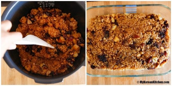 Mixing Yaksik with a white spatula in the rice cooker pot then placing in a glass container.